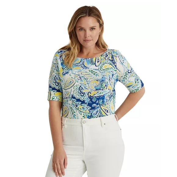 Lauren Ralph Lauren Yellow Paisley Boat Neck Pullover Shirt Large - Picture 6 of 6